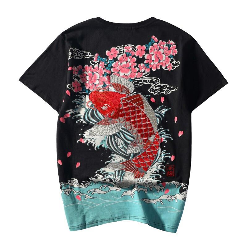 Red Koi Sakura Embroidery T-Shirt Streetwear Brand Techwear Combat Tactical YUGEN THEORY