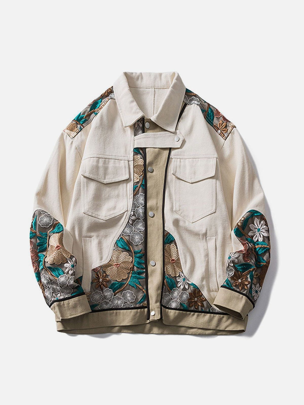 Vintage Flower Embroidery Stitching Jacket Streetwear Brand Techwear Combat Tactical YUGEN THEORY